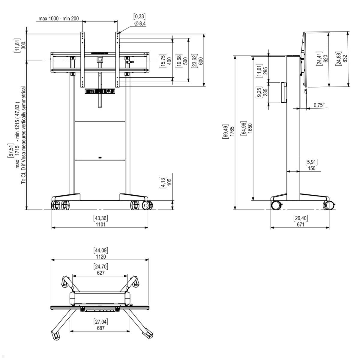 SMS Presence mobiler elektrischer Monitorständer bis 105 Zoll (K05-101-22), technische Zeichnung