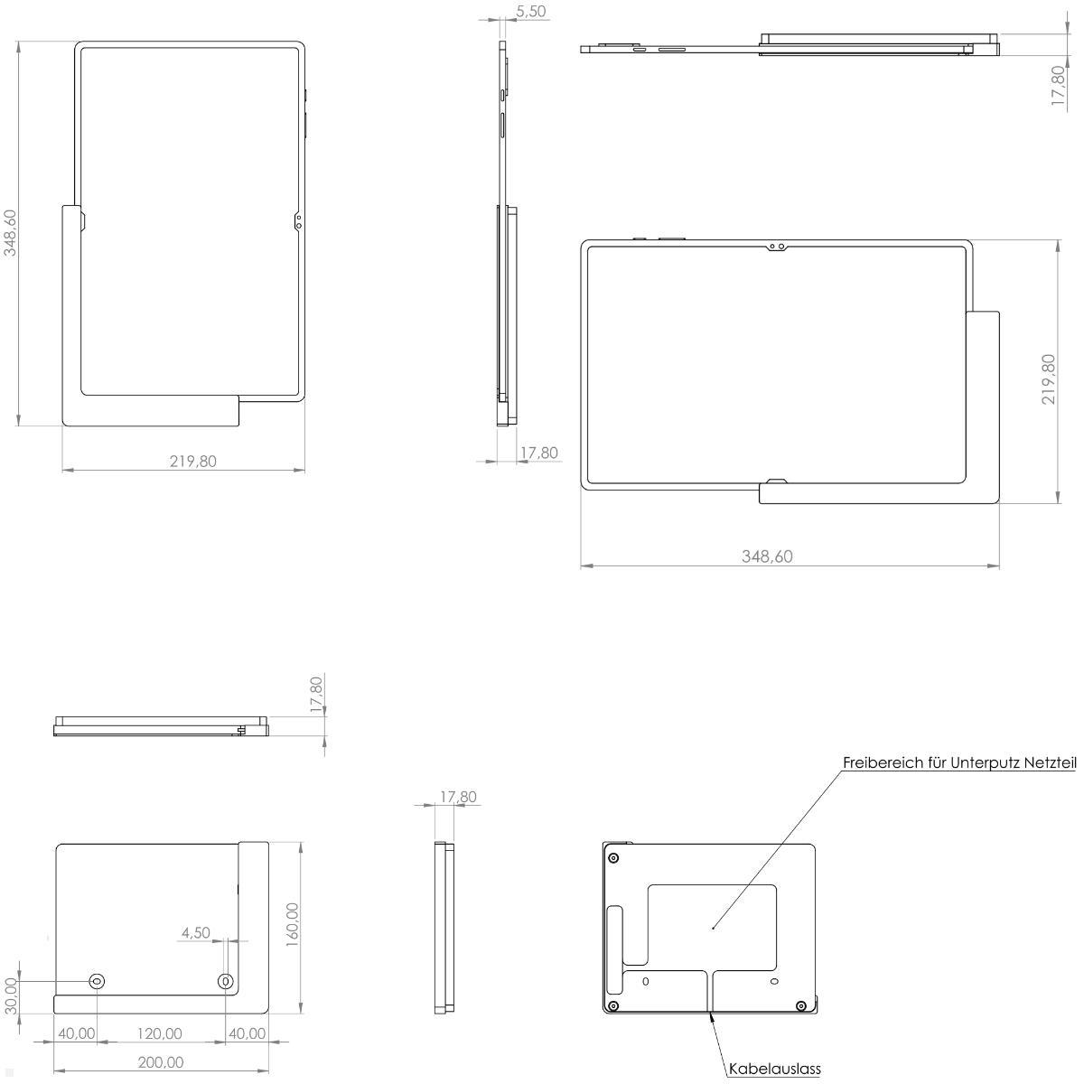 TabLines TWP041S Wandhalterung für Samsung Tab S10 Ultra 14.6, silber, technische Zeichnung