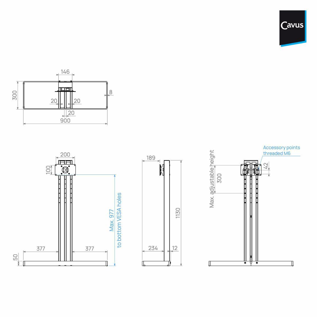 Cavus EDGE100B21 TV Bodenständer 1000 mm Säule VESA 200x100, schwarz technische Zeichnung