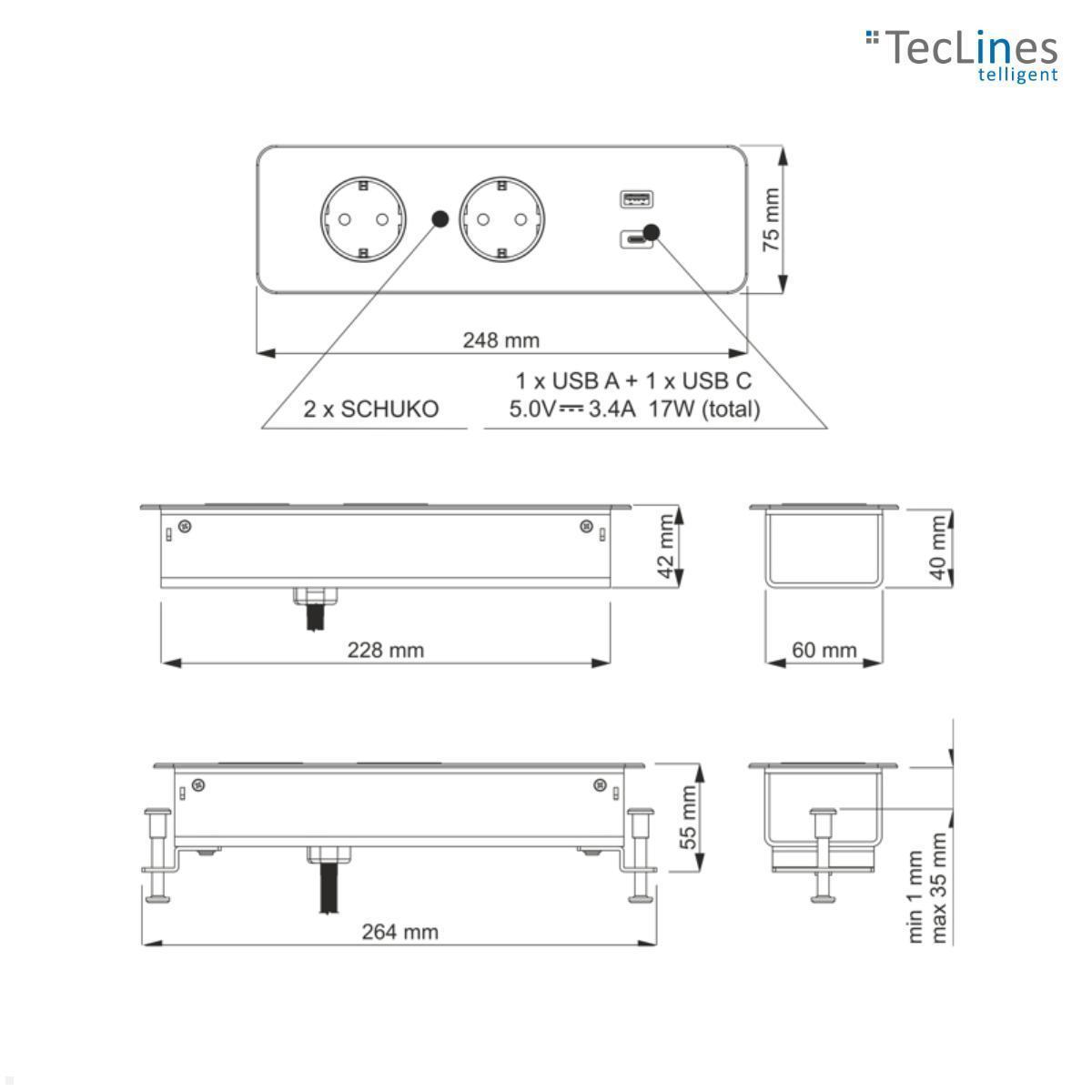 TecLines TES017B 2-fach Einbausteckdose mit USB A/C Charger, 1,5 m Kabel, schwarz Maße