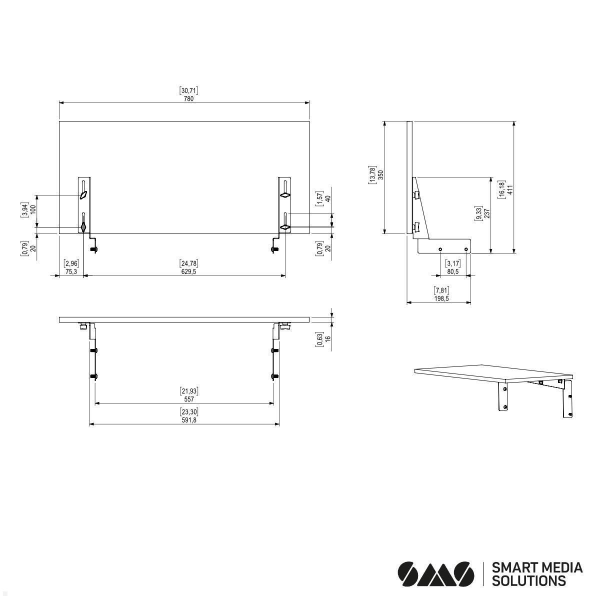 SMS Presence W/F Shelf Zubehör Ablage für Monitorständer (PR100004-P0) technische Zeichnung