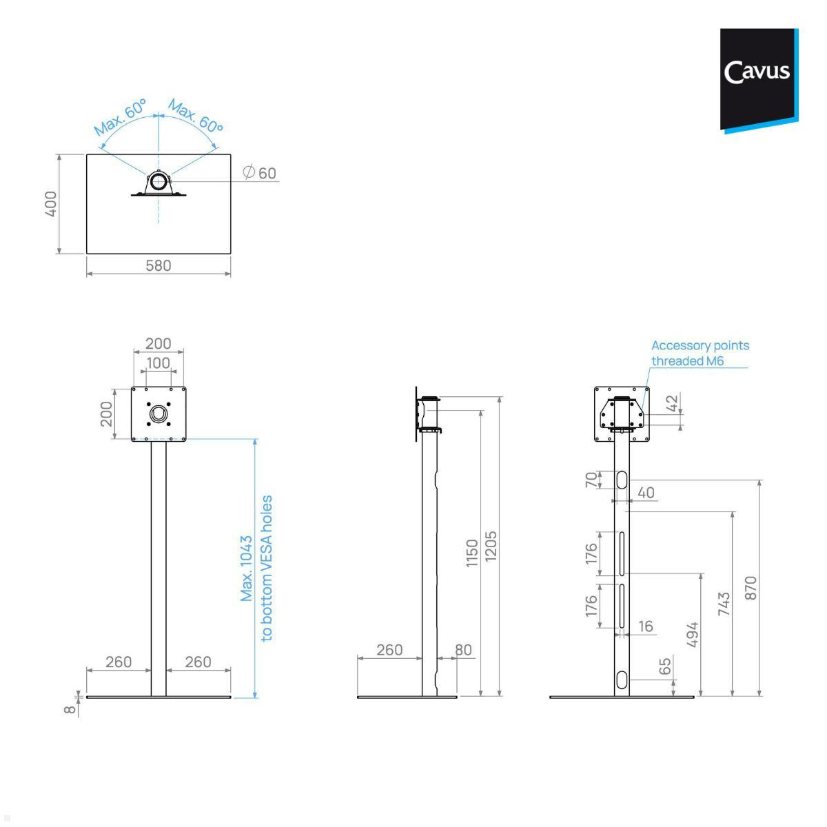 Cavus SQUARE120S22 TV Standfuß rechteckig 32-65 Zoll, Säule 1200 mm techische Zeichnung