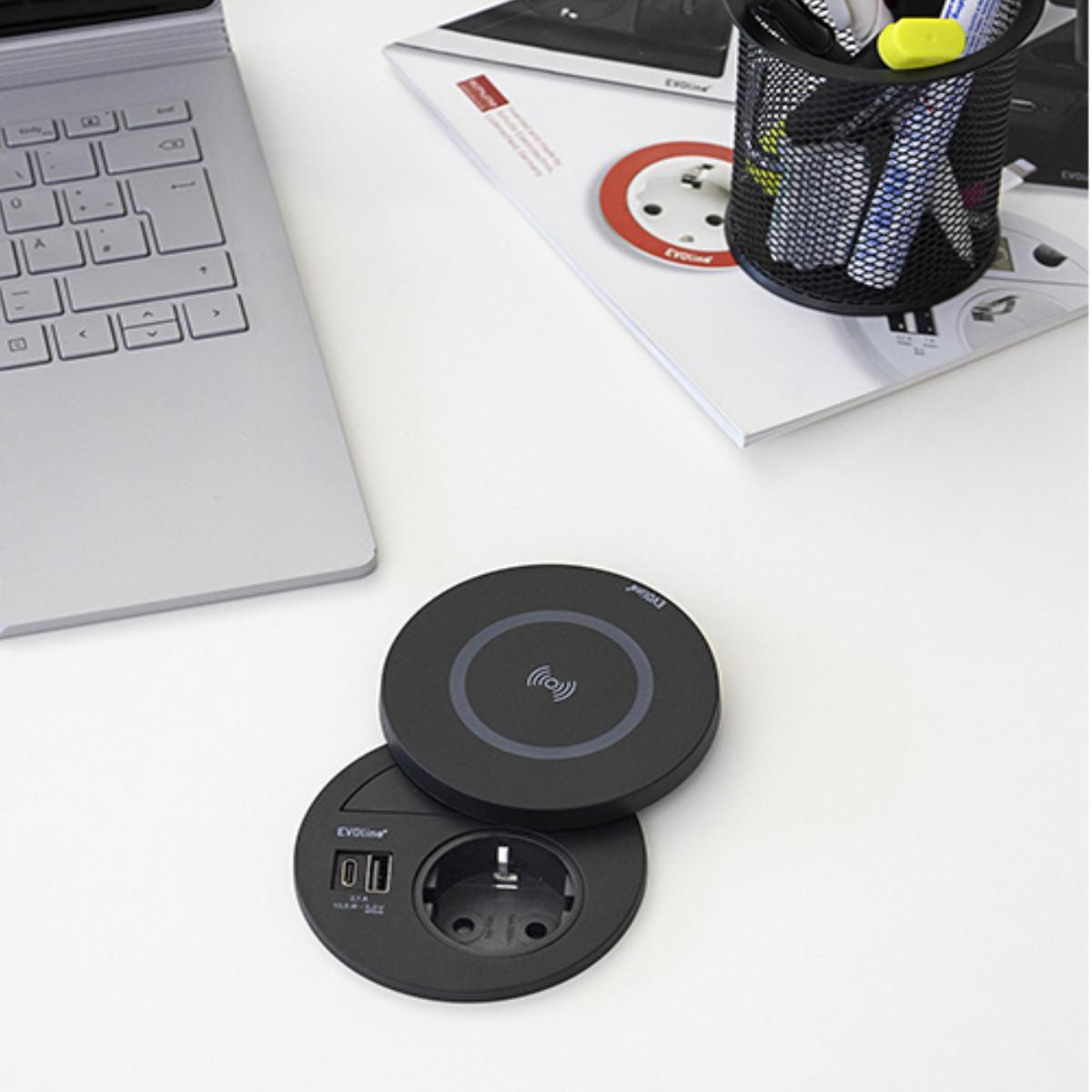 EVOline Circle80 Einbausteckdose USB A/C, Wireless Charger Deckel, Anwendung