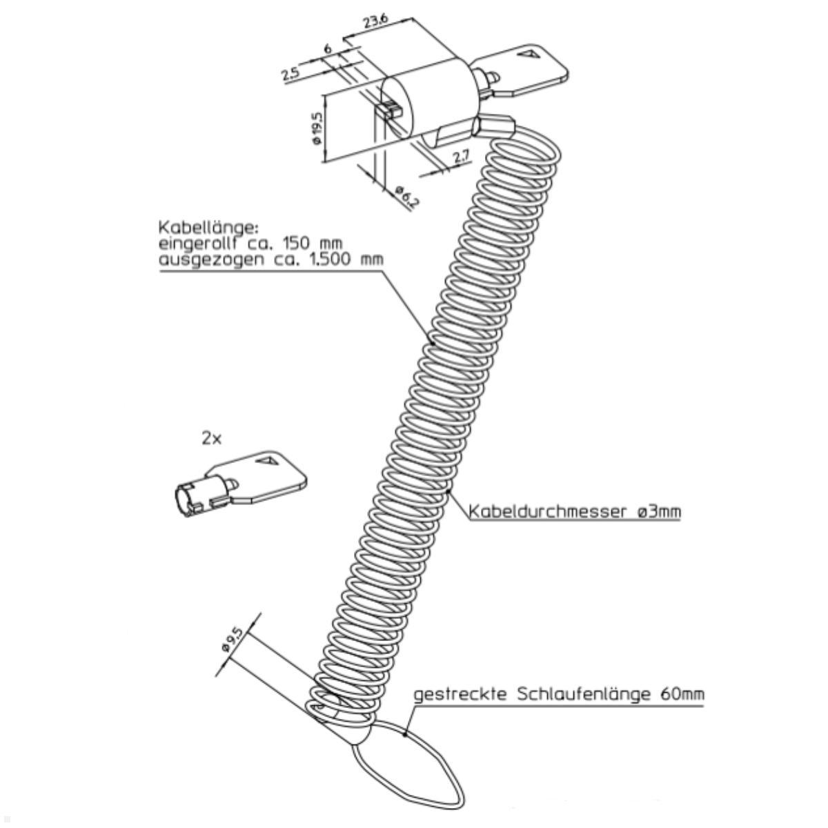 Sicherheitskabel mit Schloss, Novus 851+0009+000, silber, Technische Zeichnung