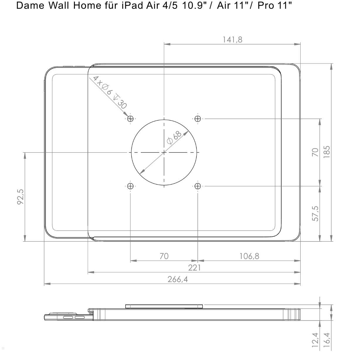 Displine Dame Wall Home Wandhalter für Apple iPad Air / Pro, silber eloxiert, technische Zeichnung