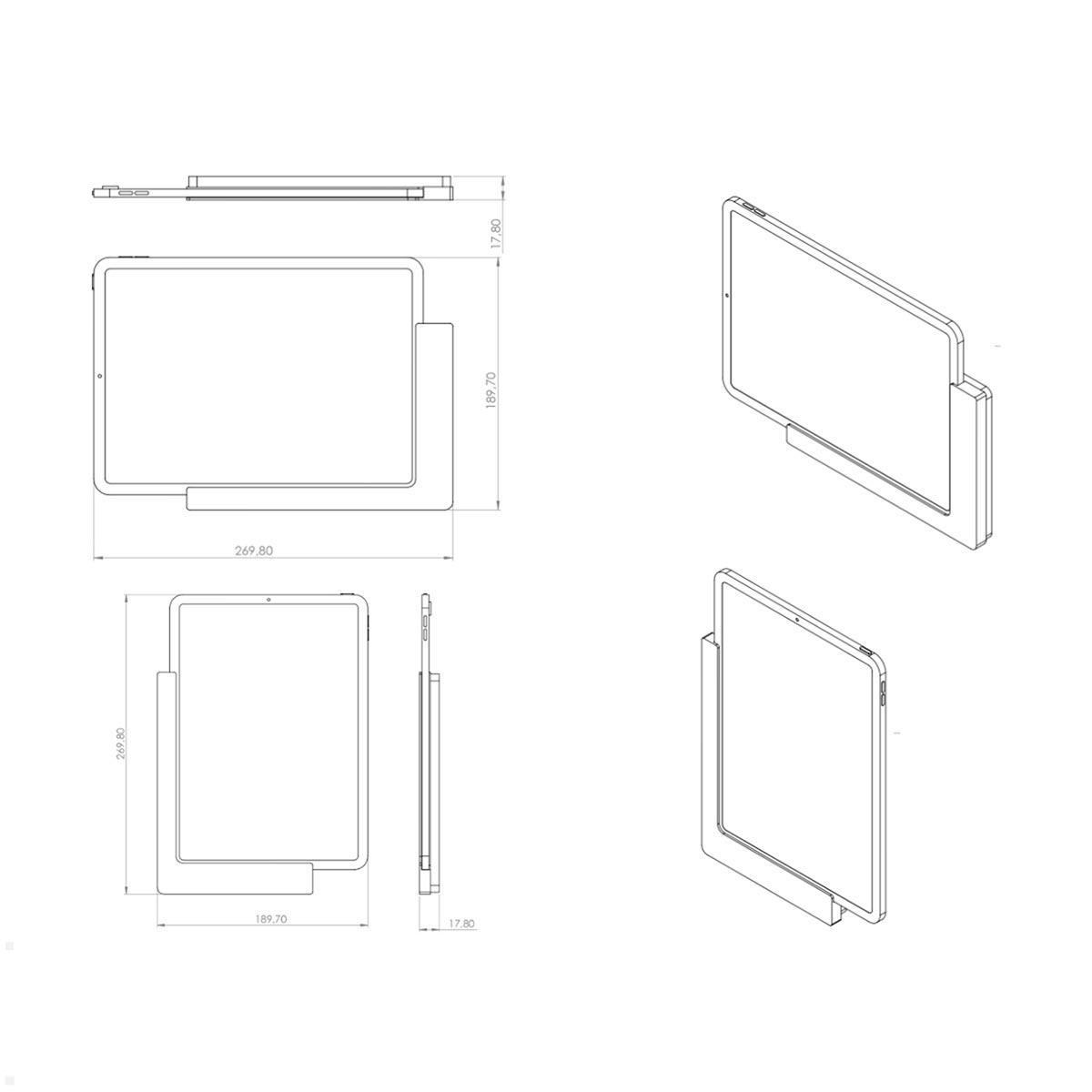 TabLines TWP005W Wandhalterung für iPad Air 4 und 5 10.9, weiß, Zeichnung Maße mit Tablet