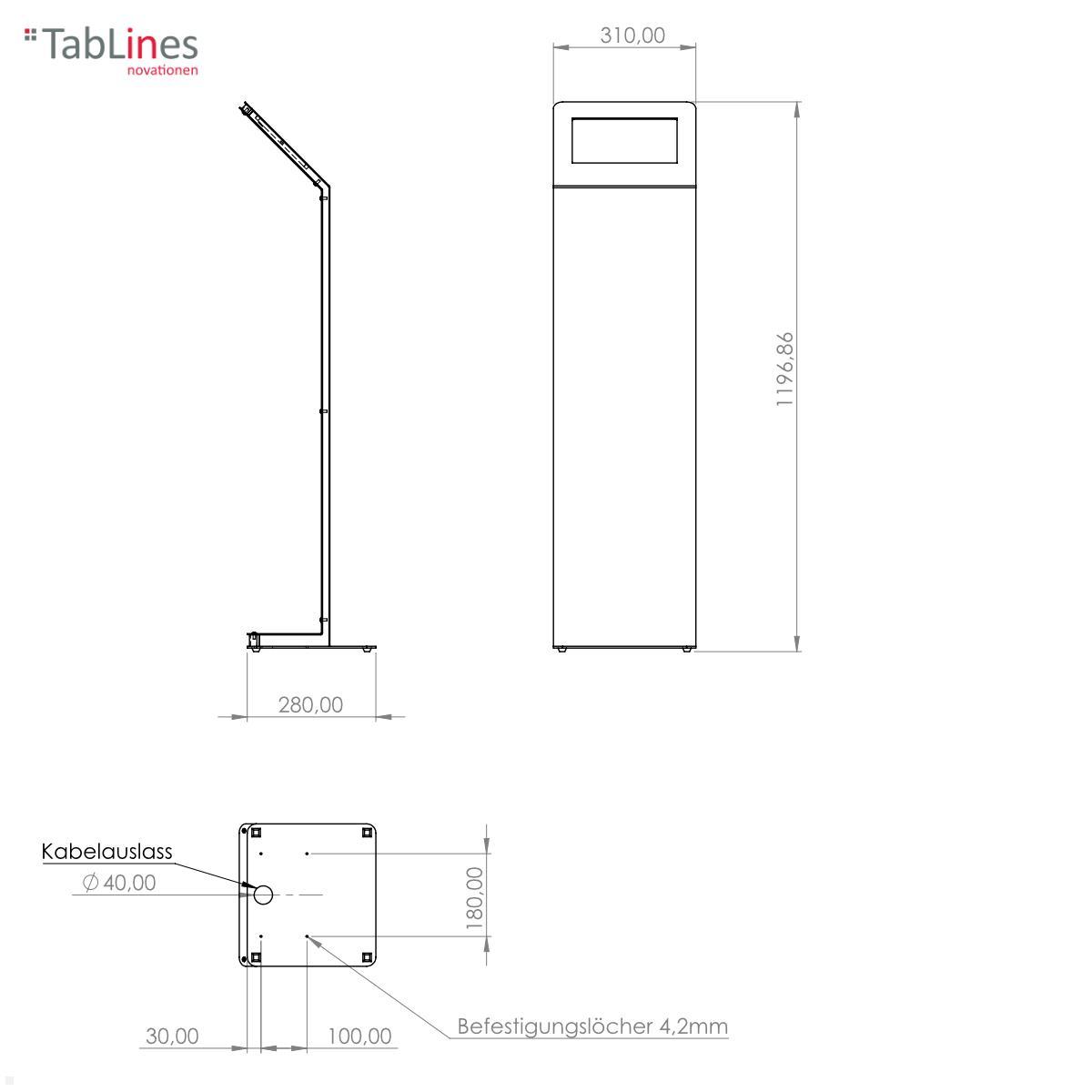 TabLines TBS100 Design Tablet Ständer quer Samsung Tab A7 10.4 technische Zeichnung