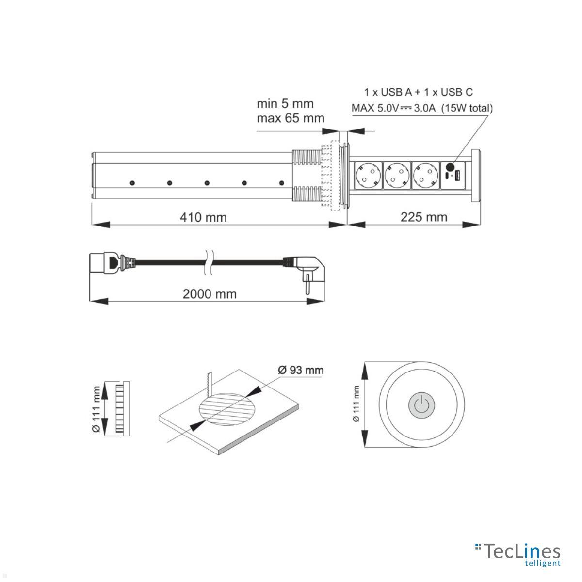 TecLines TVS006S versenkbare 3-fach Steckdosenleiste mit USB A/C, Qi, silber Montageanleitung