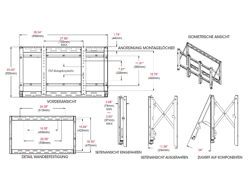 peerless DS-VW765-LAND Videowallhalter Zeichnung