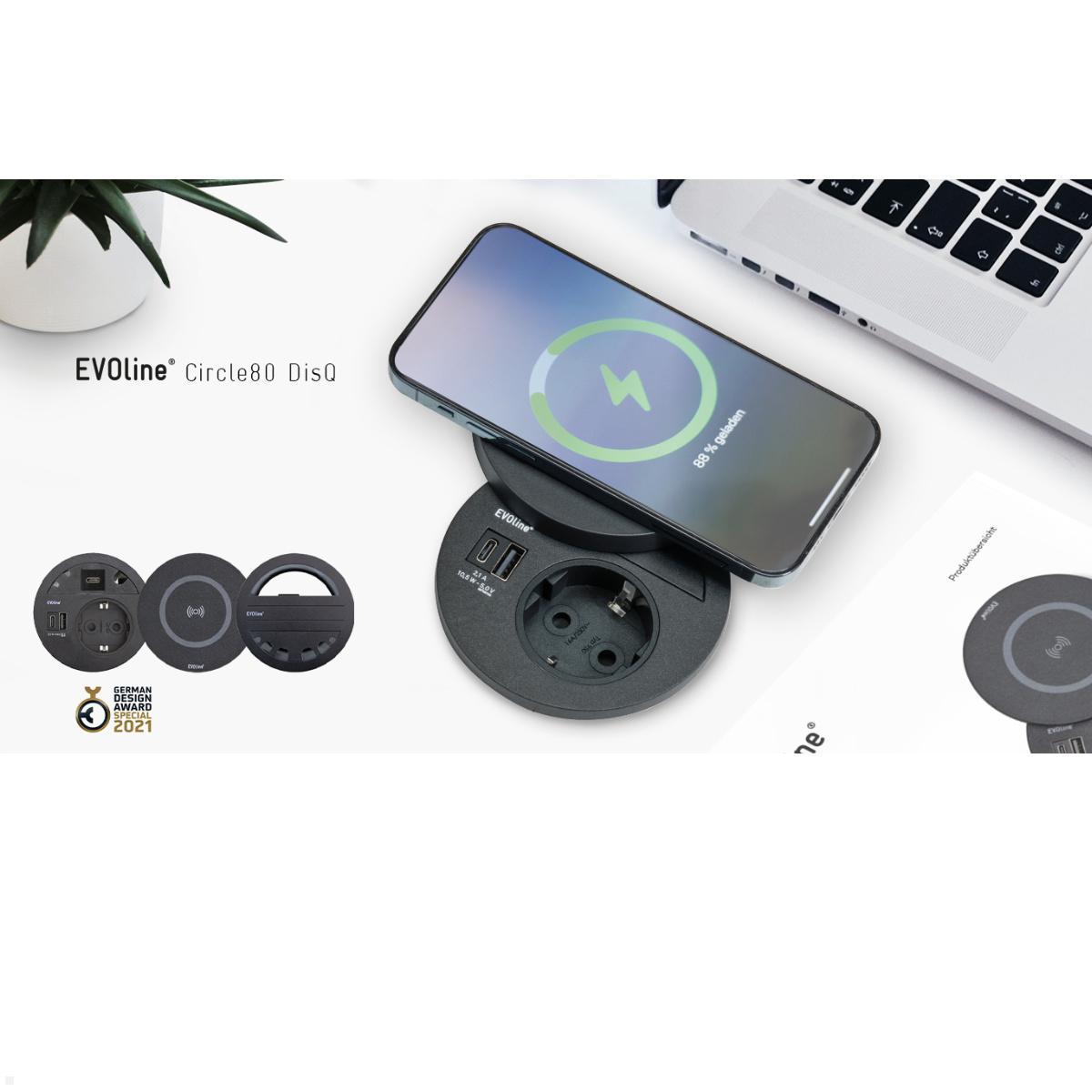 EVOline Circle80 Einbausteckdose USB A/C, Wireless Charger Deckel (Opt. in Schwarz)