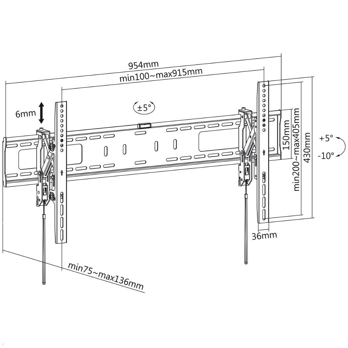 MonLines MWH029B TV Wandhalter verstellbarer Wandabstand bis 90 Zoll, technische Zeichnung