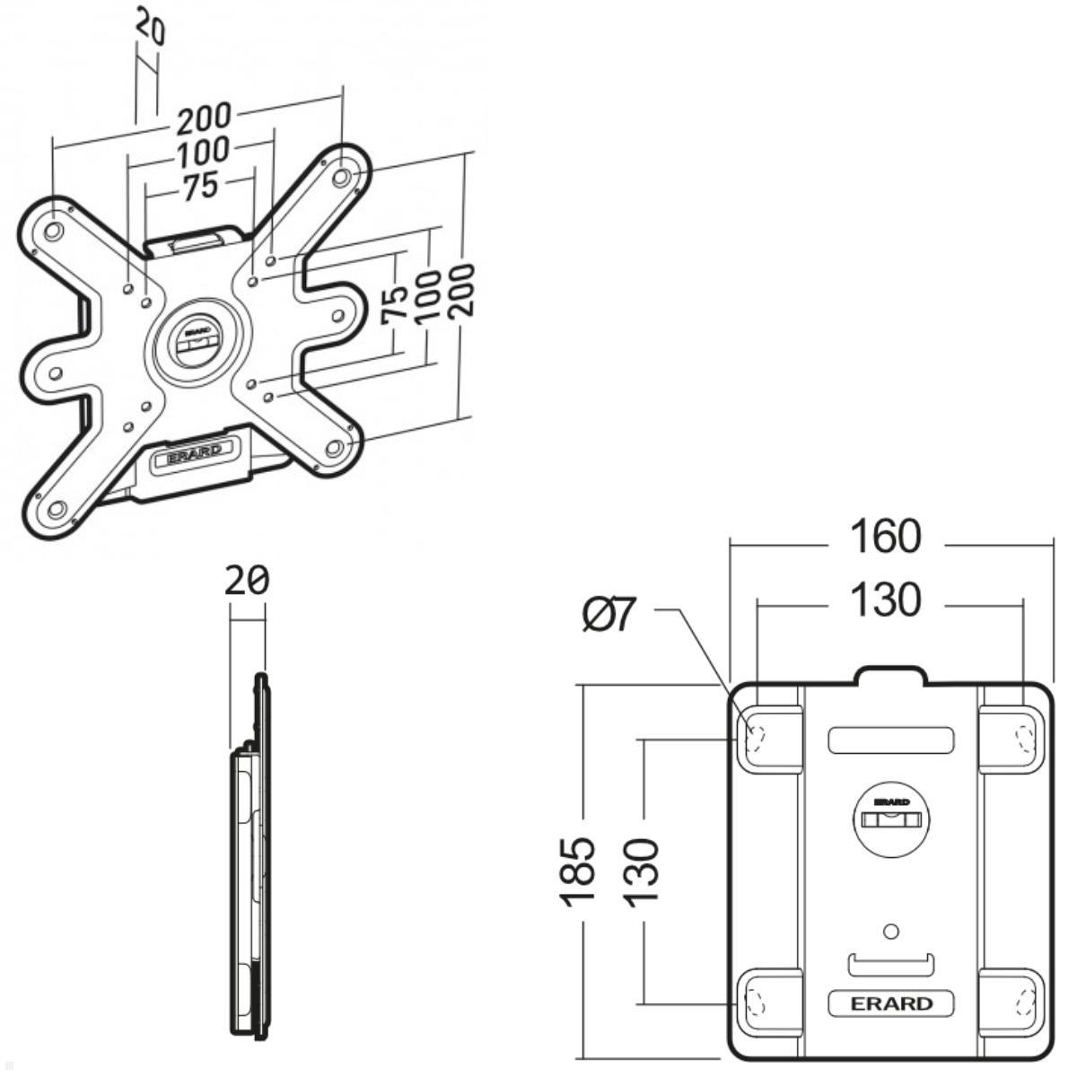 MonLines MWH034B flache TV Wandhalterung mit VESA für Samsung Frame 32, technische Zeichnung Wandhalter