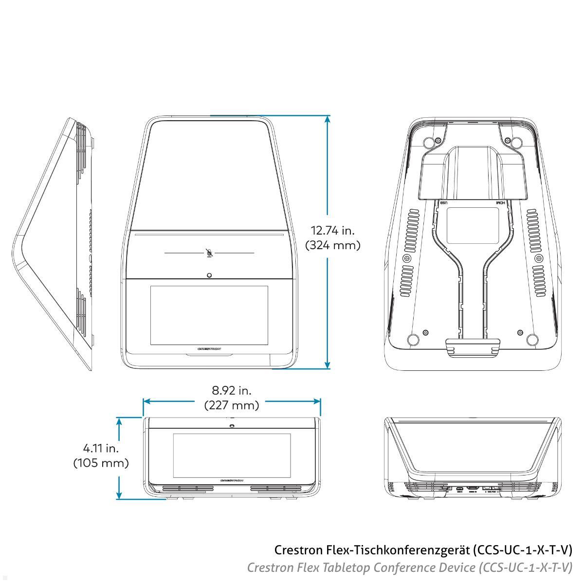 Crestron Flex Advanced Tabletop Videokonferenzsystem für große MS Teams Räume (UC-MX70-T) technische Zeichnung Tischkonferenz Gerät