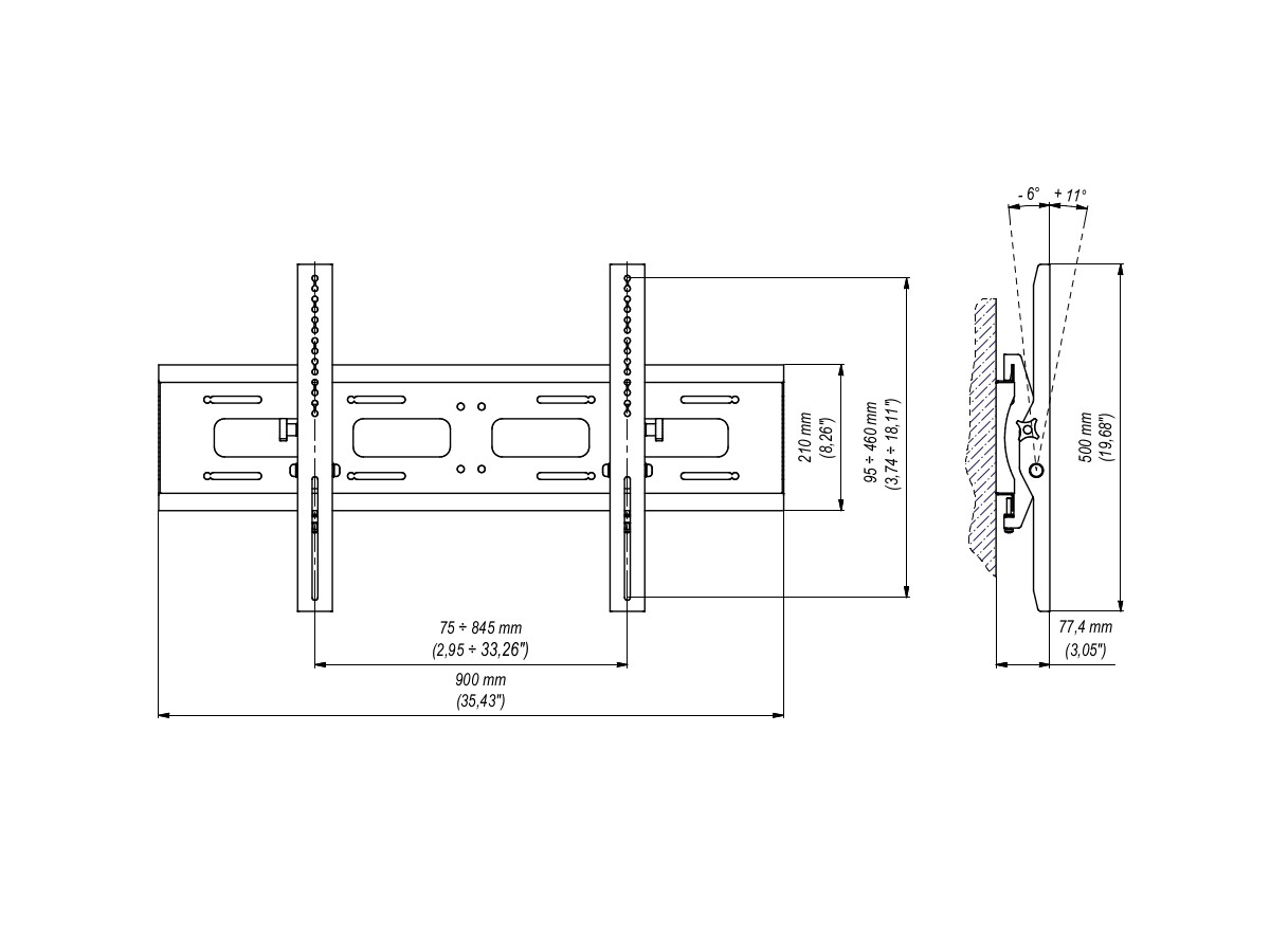 Edbak TWB2 Display Wandhalterung, 60-75 Zoll, neigbar, schwarz technische Zeichnung