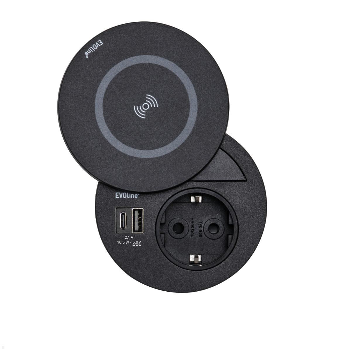 EVOline Circle80 Einbausteckdose USB A/C, Wireless Charger Deckel, schwarz