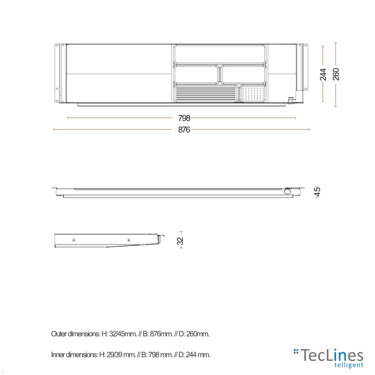 TecLines TUS001B Untertisch Schublade mit Kunststoffeinsatz L, schwarz technische Zeichnung