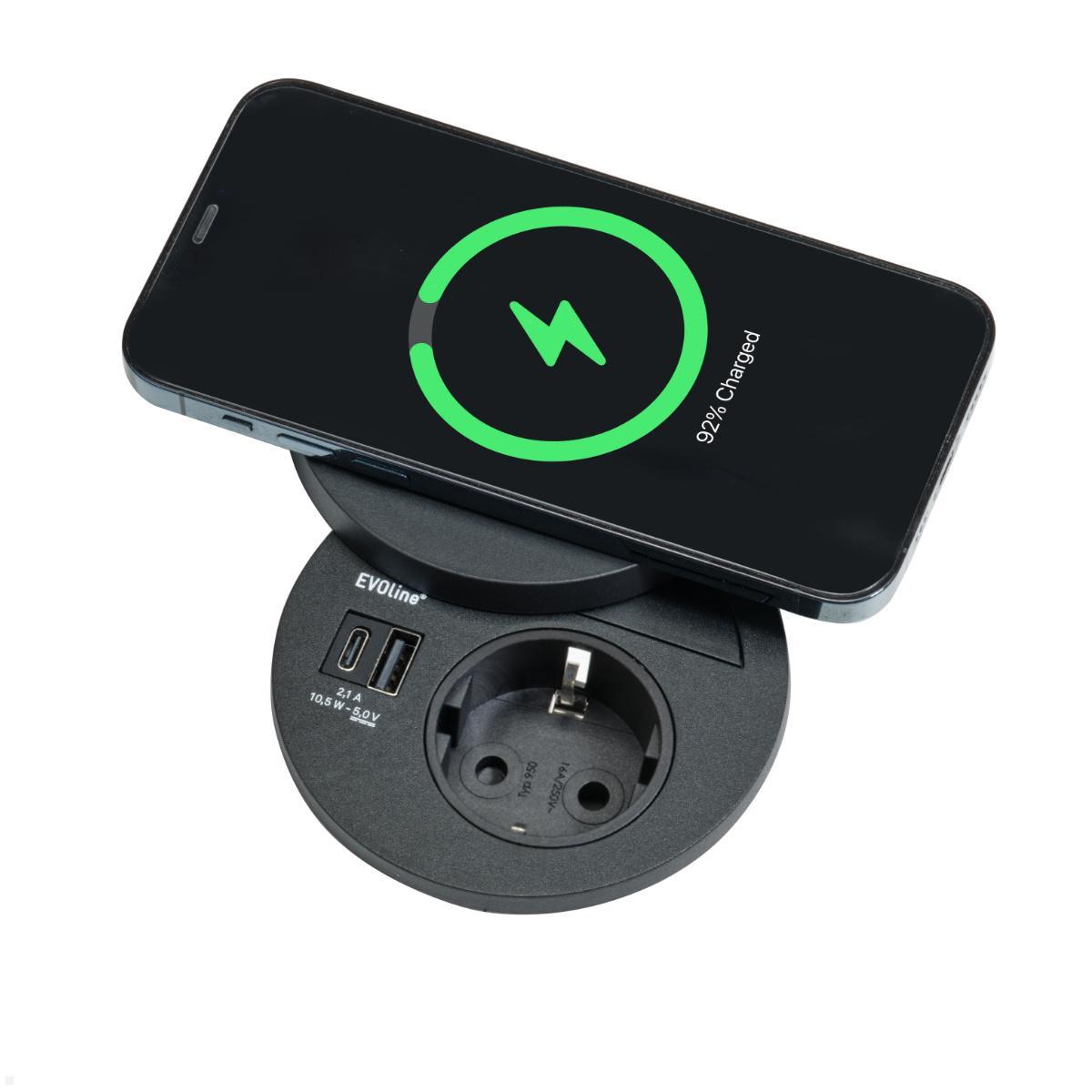 EVOline Circle80 Einbausteckdose USB A/C, Wireless Charger Deckel, Lademöglichkeit