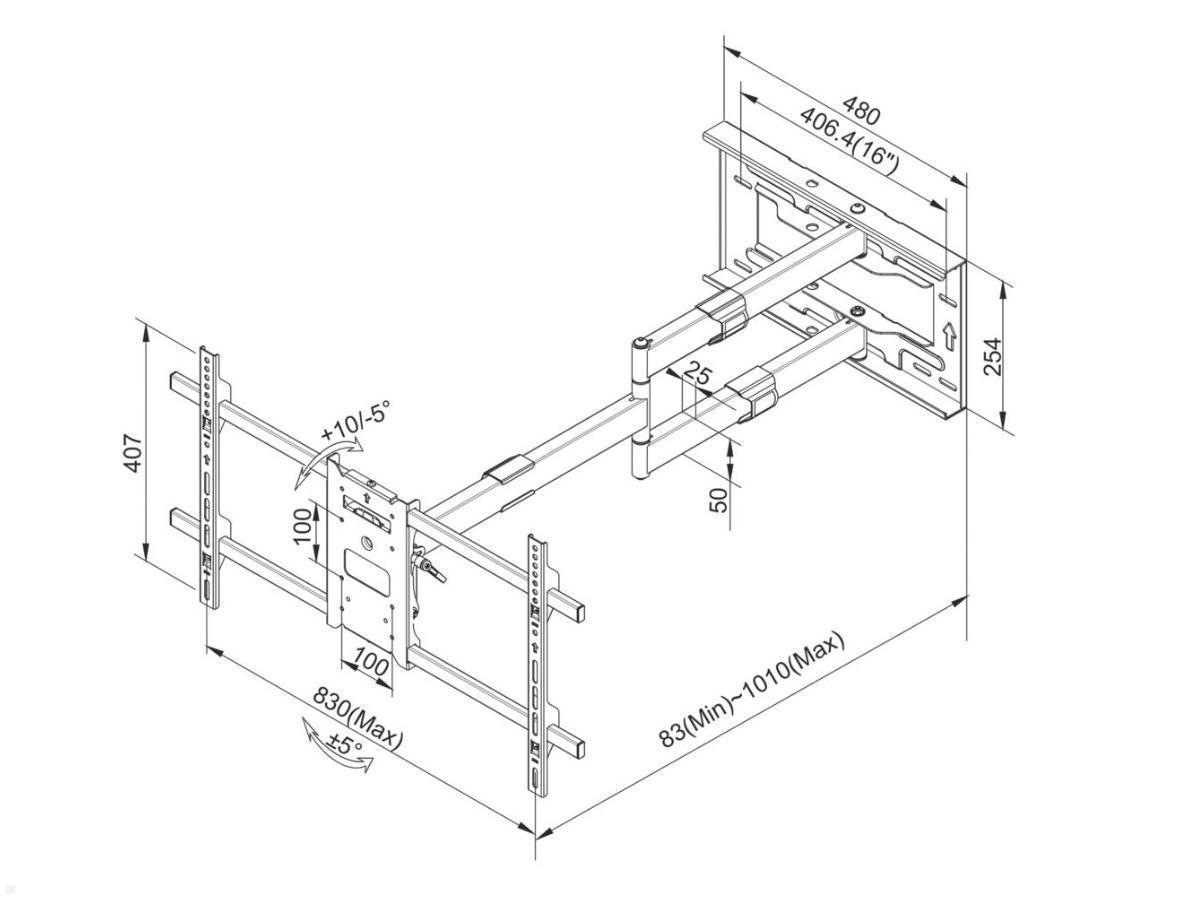 MonLines MWH016B schwenkbare TV Wandhalterung 1000mm bis 75 Zoll technische Zeichnung