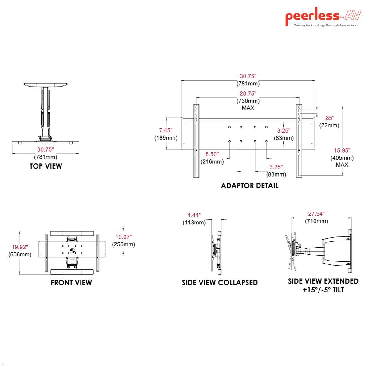 Peerless ESA763PU schwenkbare Outdoor TV Wandhalterung 32-80 Zoll technische Zeichnung