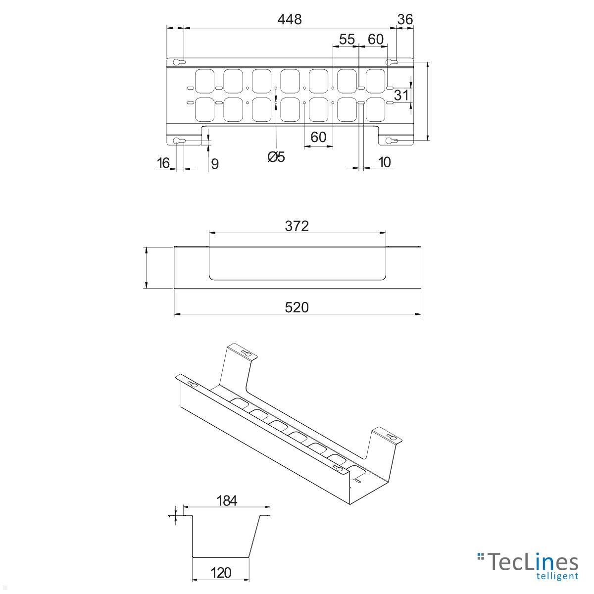 TecLines TKW002S Schreibtisch Kabelwanne horizontal 520 mm, silber technische Zeichnung