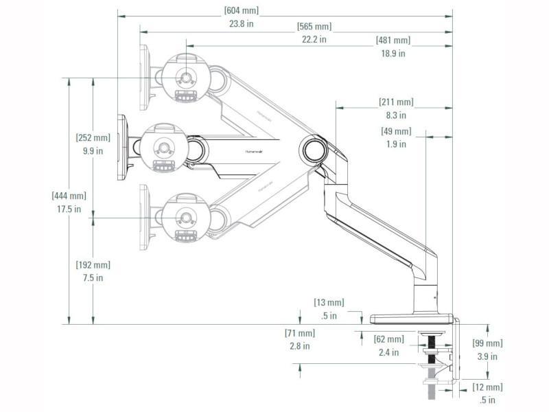 Humanscale M8.1 Monitor Tischhalterung Klemme, schräg, weiß (M81CMWBTB) Technische Zeichnung