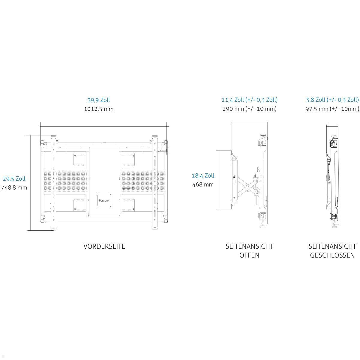 PureLink Vuelogic Pop-Out Videowall Wandhalter elektrisch bis 65 Zoll, weiß, technische Zeichnung