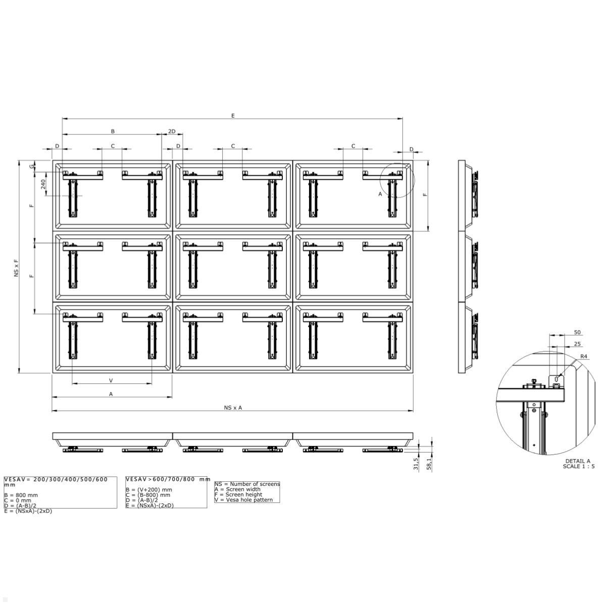 SMS Multi Display Wall + Push-Out Videowall Einbau Wandhalterung (PW010020), technische Zeichnung Videowall