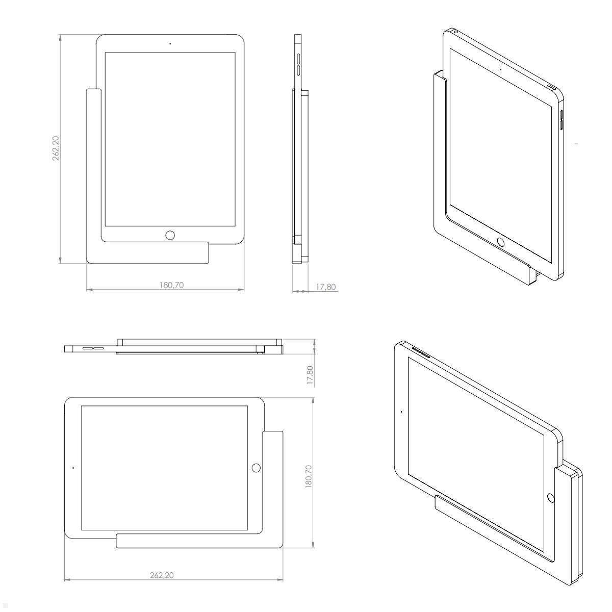 TabLines TWP017W Wandhalterung für Apple iPad 9.7 (5./6. Gen.), weiß, Zeichnung Maße mit Tablet