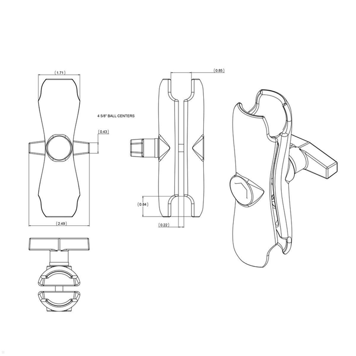 RAM Mounts Verbindungsarm mittel - ca. 140 mm, für C Kugeln (1,5 Zoll), Zeichnung Maße