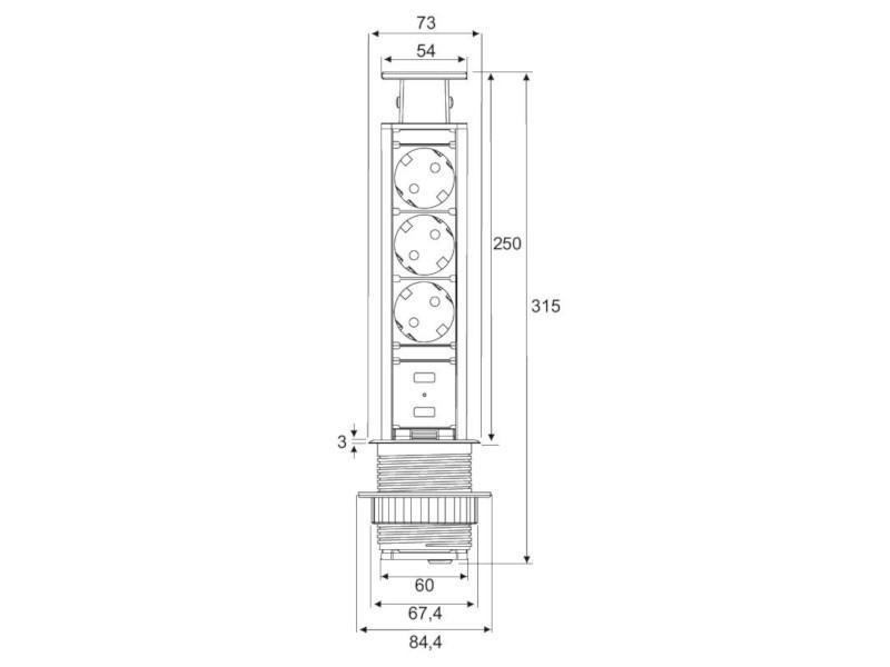 TecLines TVS002 versenkbare Steckdosenleiste 315mm, 3x Steckdose, 2x USB Maße