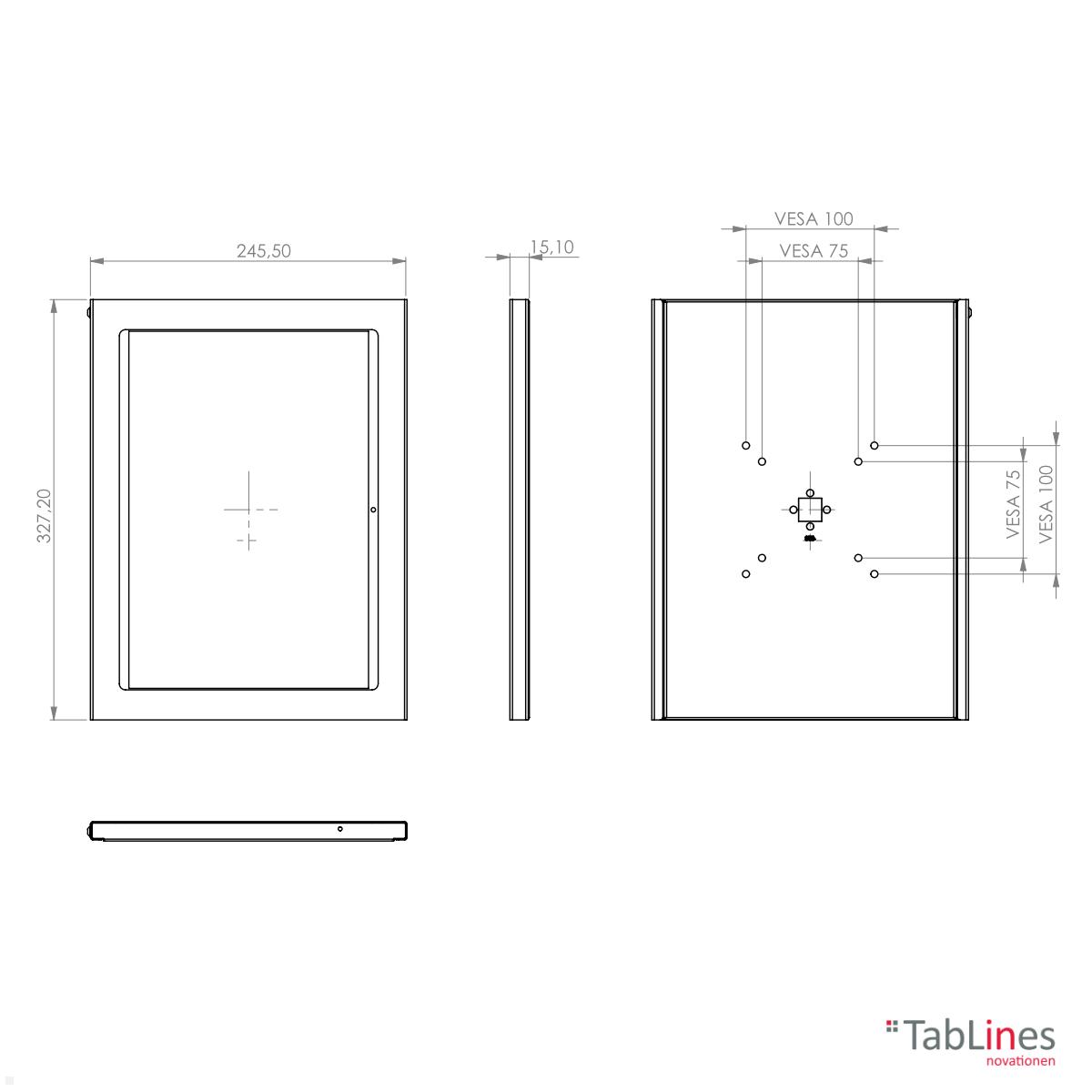 TabLines TSG098E Tablet Schutzgehäuse für Microsoft Surface Pro 9, Edelstahl RAL Farbpalette technische Zeichnung