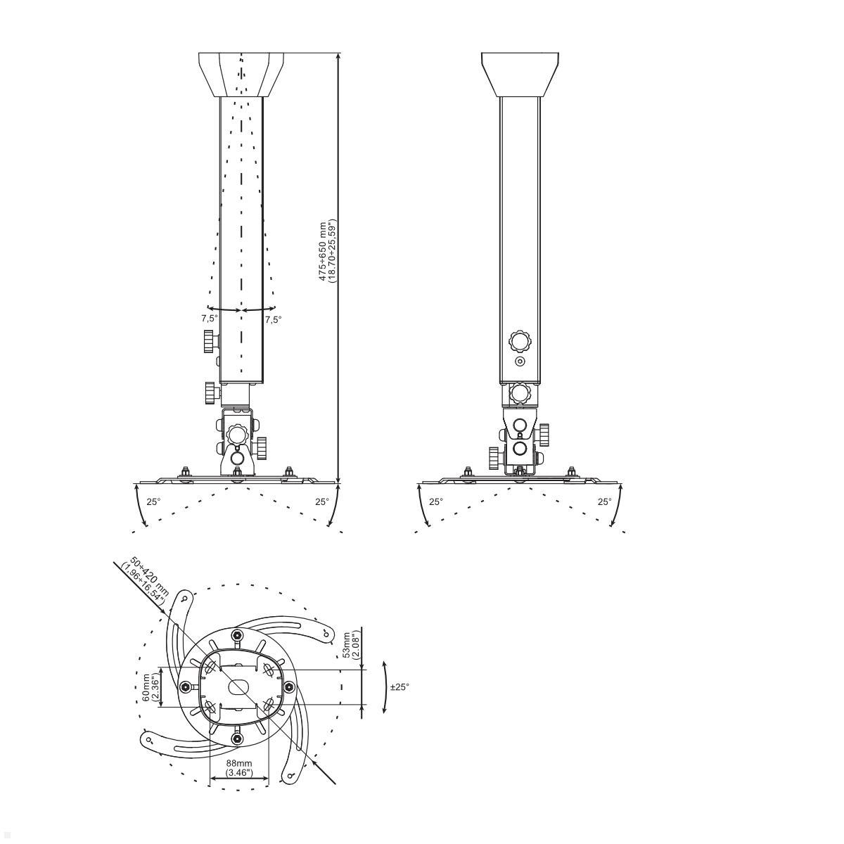 Edbak PMV100W Höhenverstellbarer Beamer Deckenhalter 475 - 650 mm, 30 kg, weiß techische Zeichnung