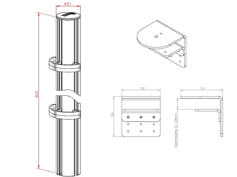 Novus TSS Säule 845 Tischklemme HD 12-60mm (961+0209+001) Maße