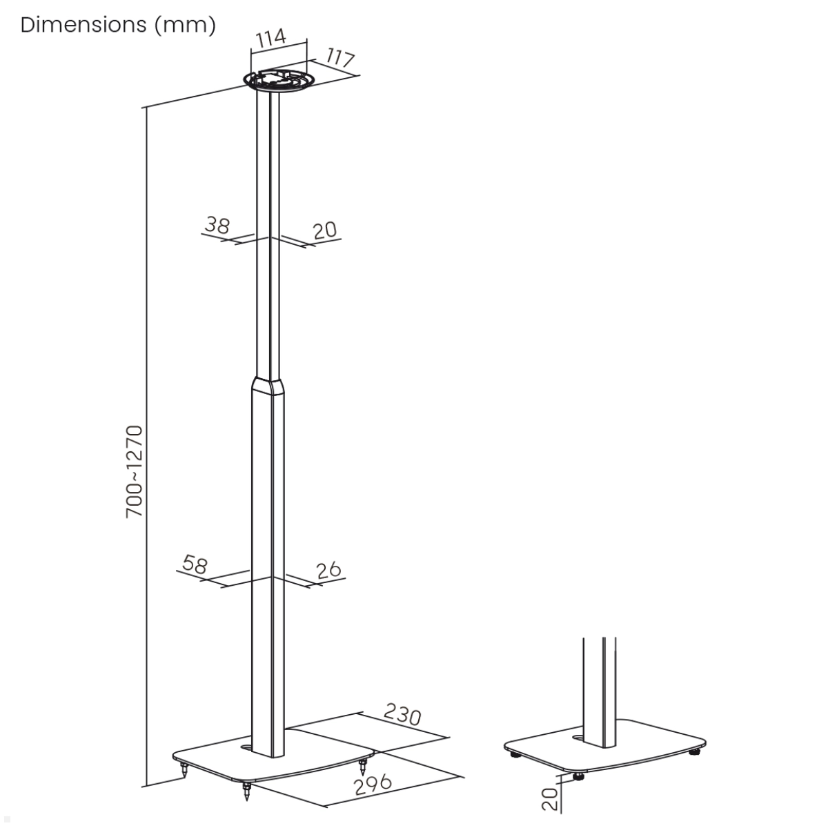 TecLines TLH004W 2x Lautsprecher Ständer Sonos Era 100 höhenverstellbar, weiß, technische Zeichnung