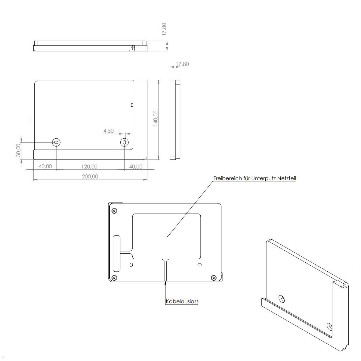 TabLines TWP014W Wandhalterung für Apple iPad Pro 9.7, weiß, Zeichnung Maße ohne Tablet