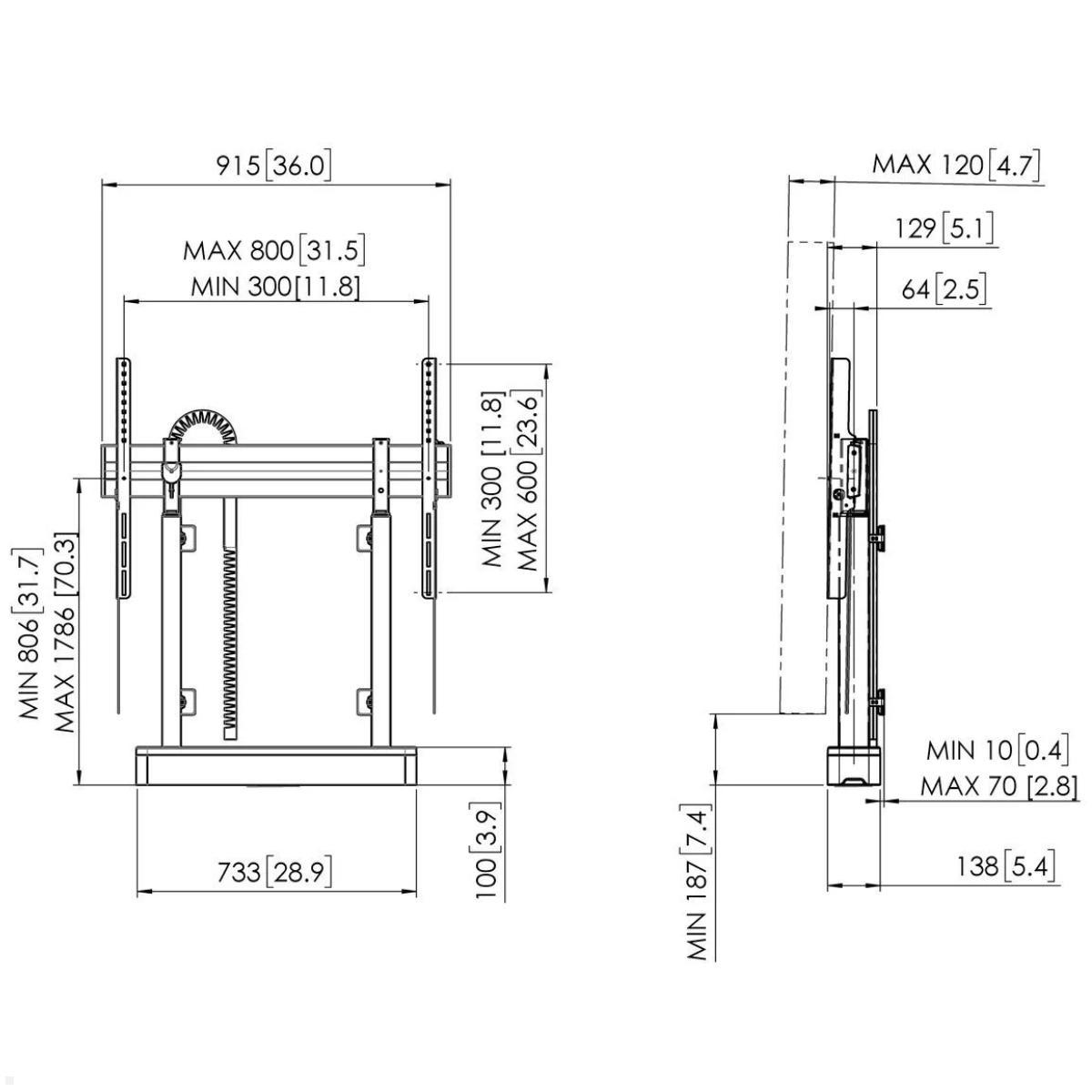 Vogels RISE 2005B elektrischer TV Boden-Wandhalter, 50 mm/s, schwarz, technische Zeichnung