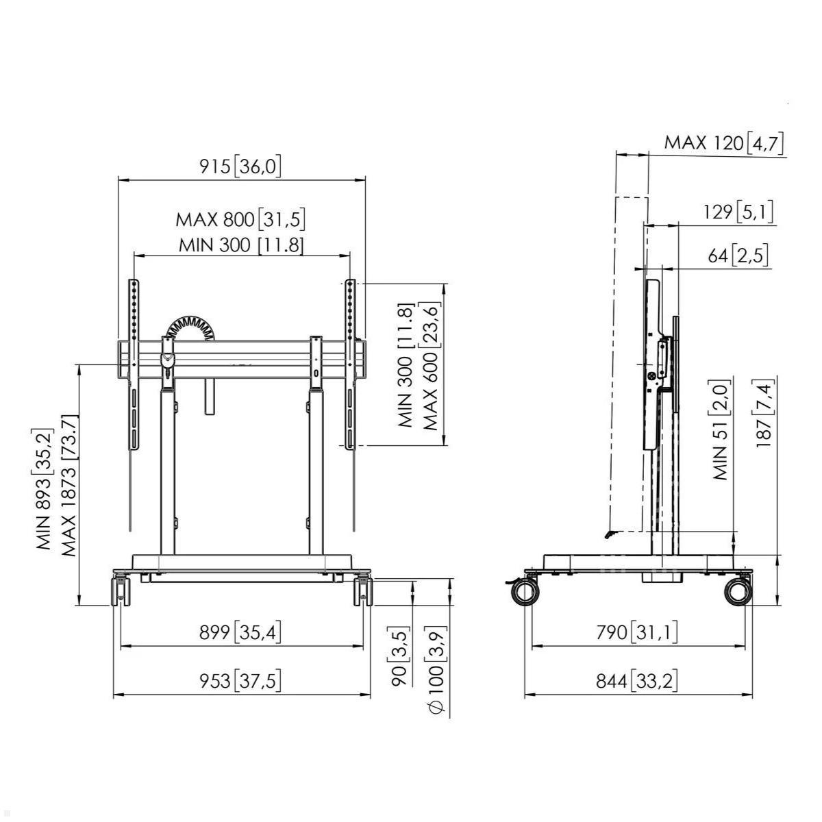 Vogels RISE 5308 mobiler elektrischer TV Ständer, 80 mm/s, Doppelrollen, technische Zeichnung