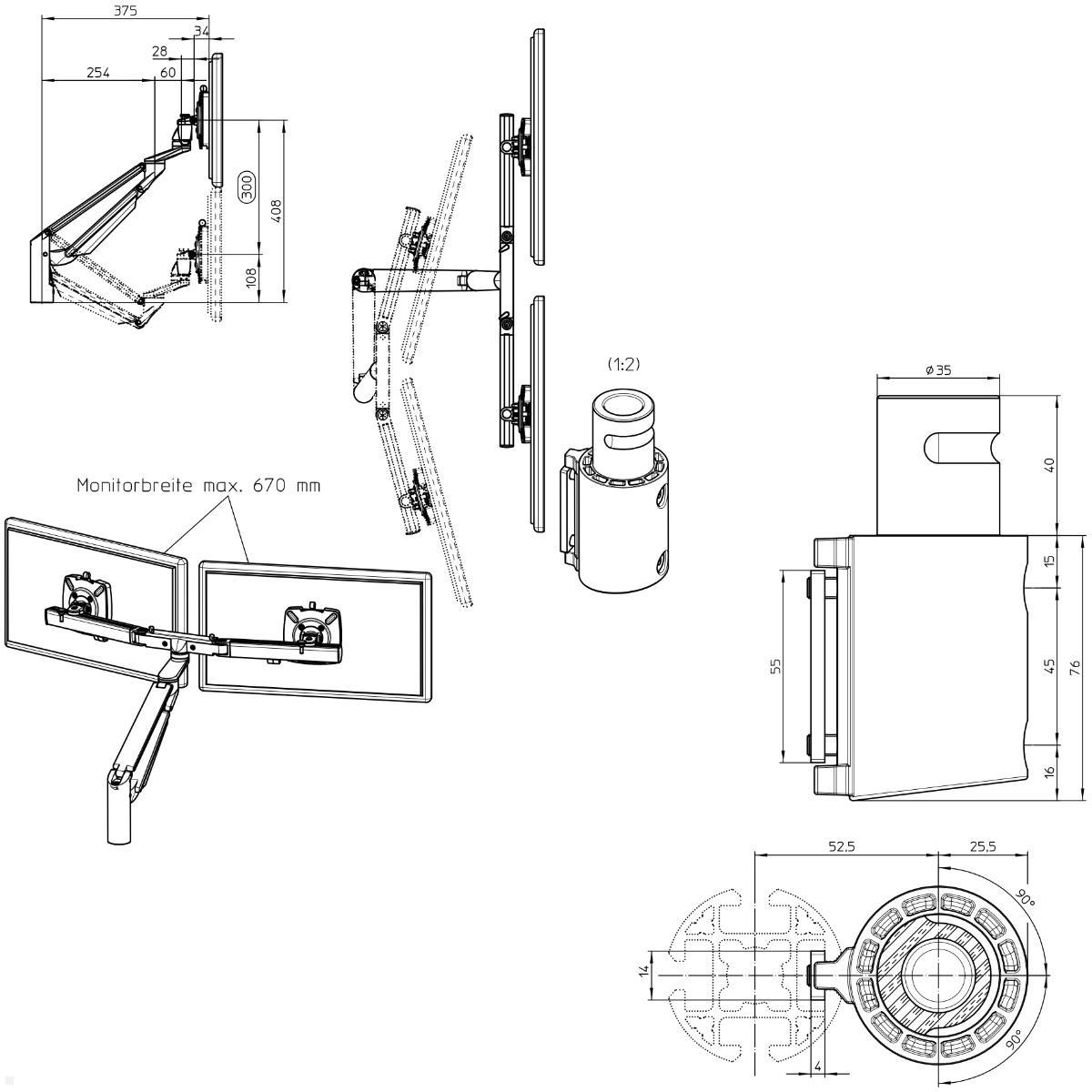 Novus Clu Plus X2 Dual Monitorhalter für TSS Säulen (992+2009+001), silber, technische Zeichnung