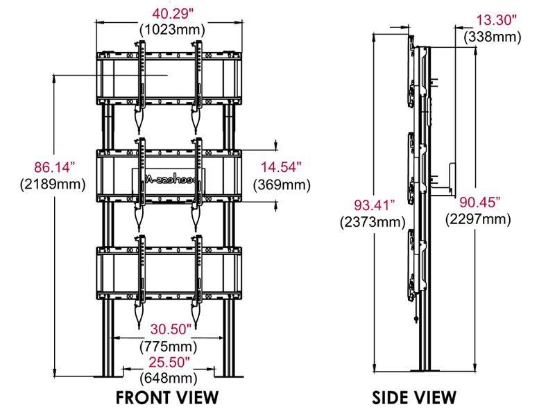 peerless Modulare Videowand-Standhalterung DS-S560-1X3 Frontal und Seite Maße