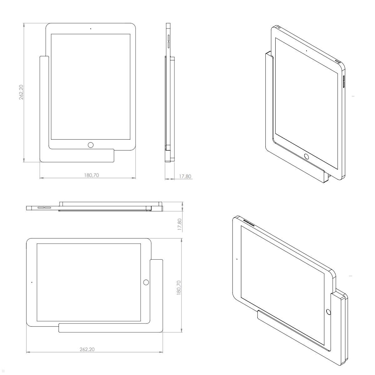 TabLines TWP009W Wandhalterung für Apple Air 2 9.7, weiß, Zeichnung, Maße mit Tablet