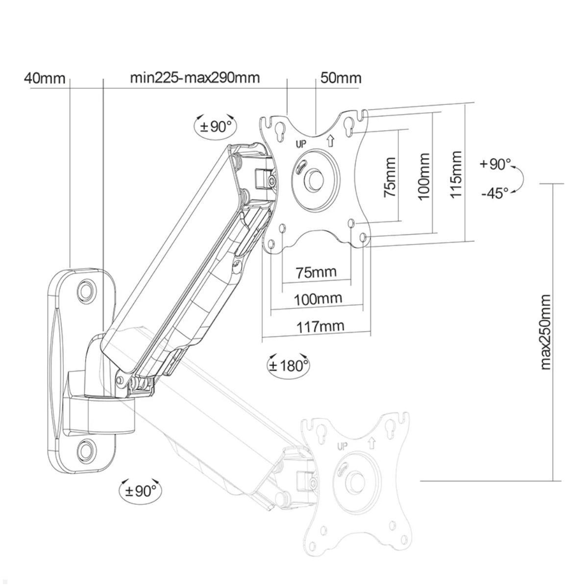 Neomounts WL70-440BL11 schwenkbare Monitor Wandhalterung 17-32 Zoll, technische Zeichnung