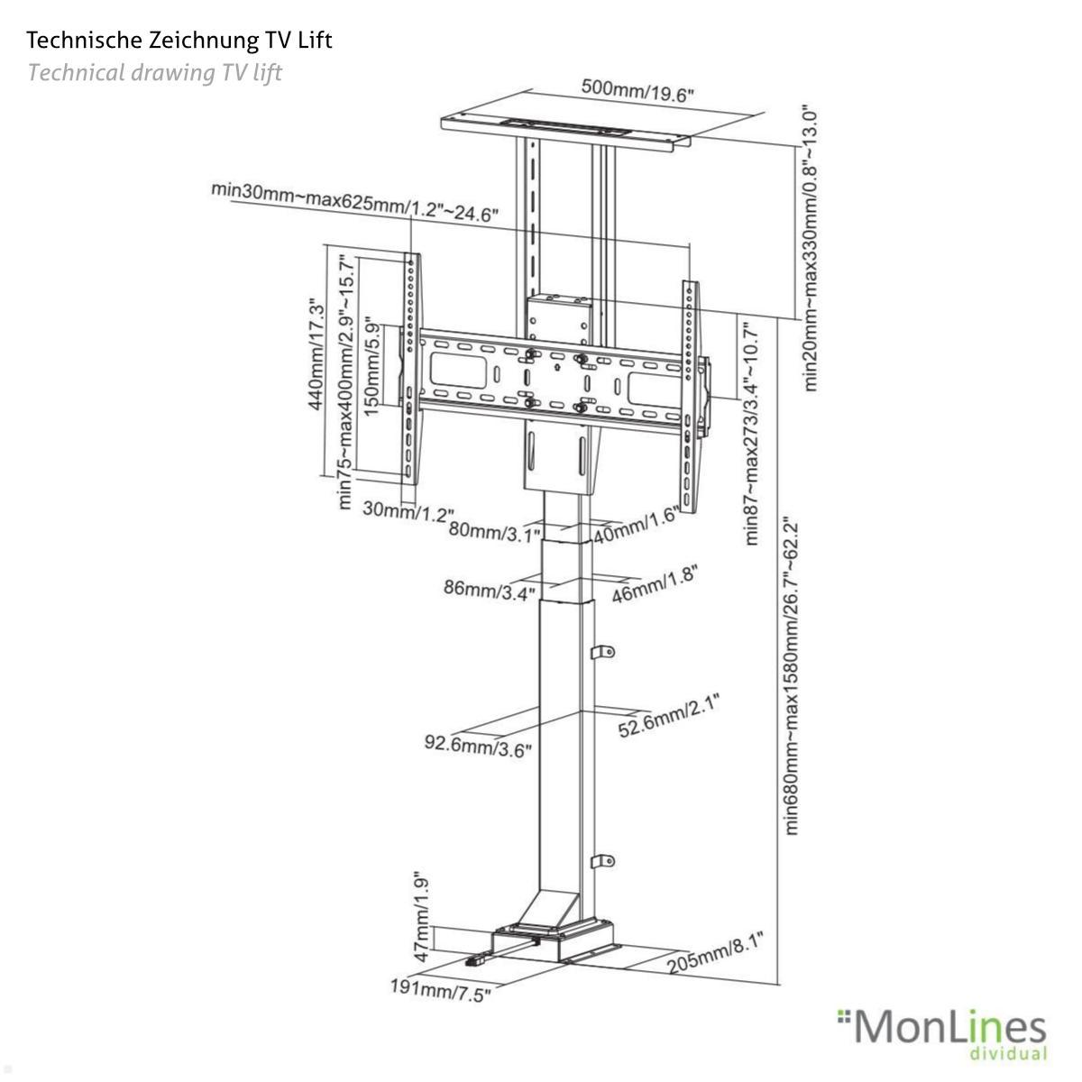 MonLines MTL001 FLYcase TV Lift im Transportcase bis 49 Zoll technische Zeichnung