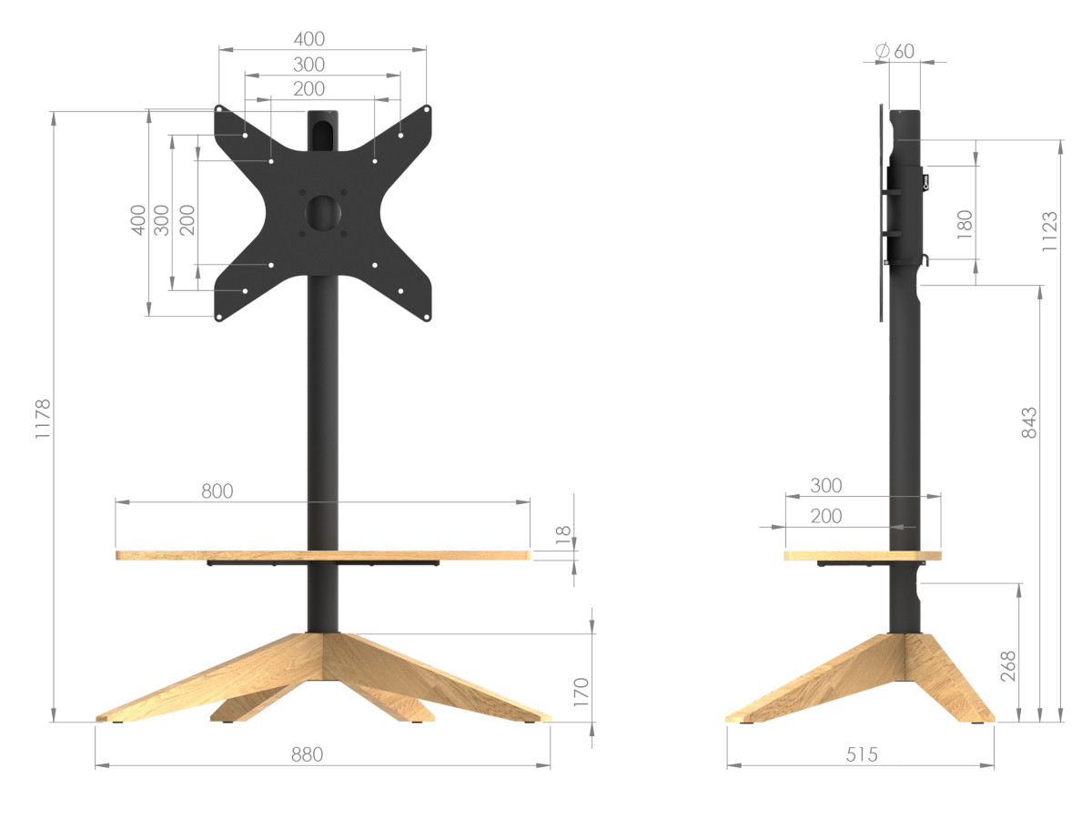 Cavus CROSS TV Ständer 32-65 Zoll, Säule 1000 mm, Eiche Maße Monitorhalterung