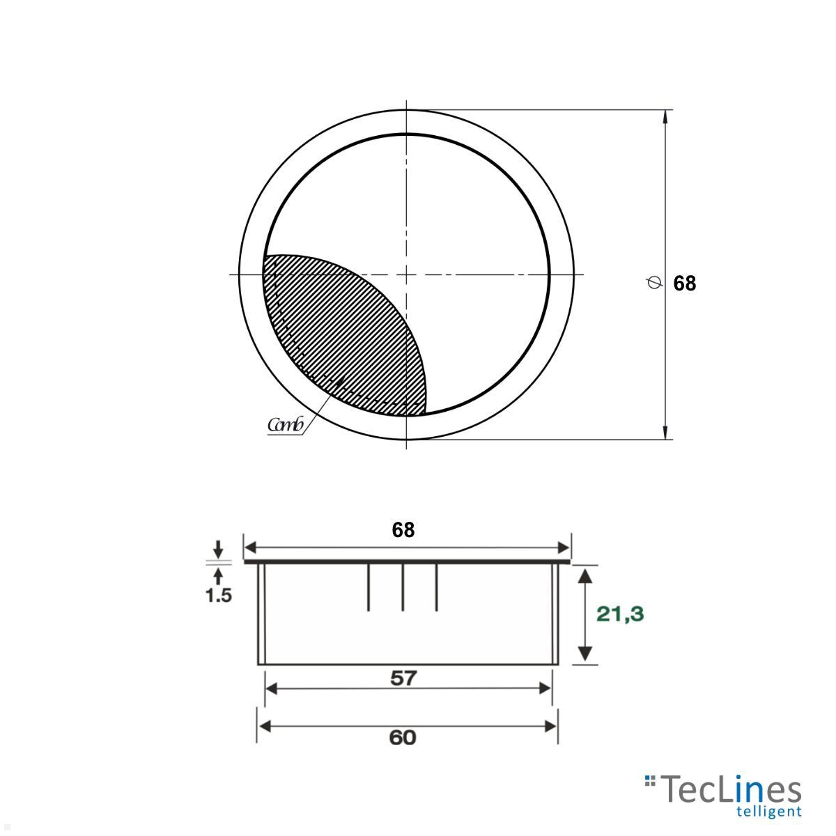 TecLines TKD001B Tisch Kabeldurchführung 60x21 mm, schwarz technische Zeichnung