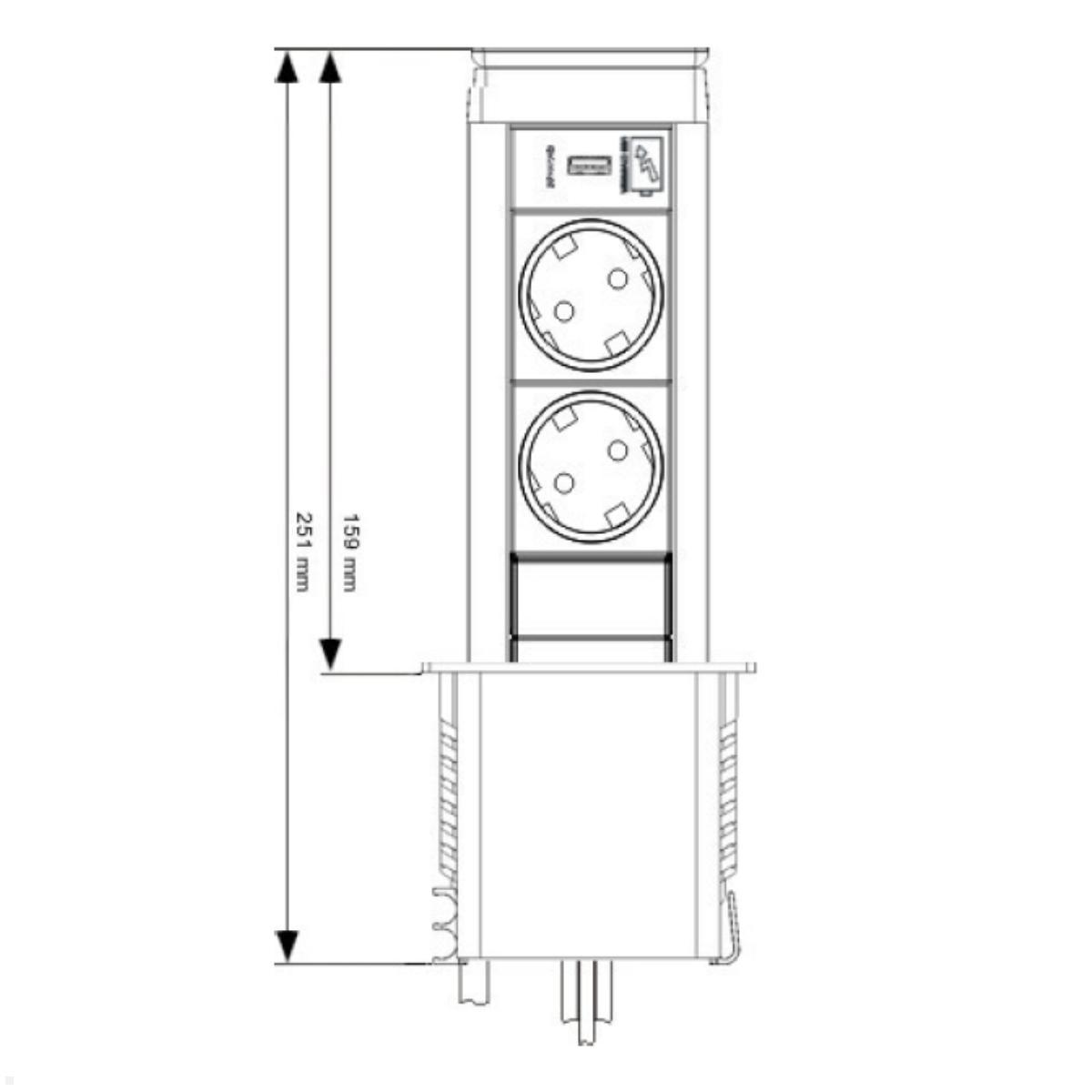 EVOline Port Push Cuisine 2fach Einbausteckdose, 1x USB, Skizze