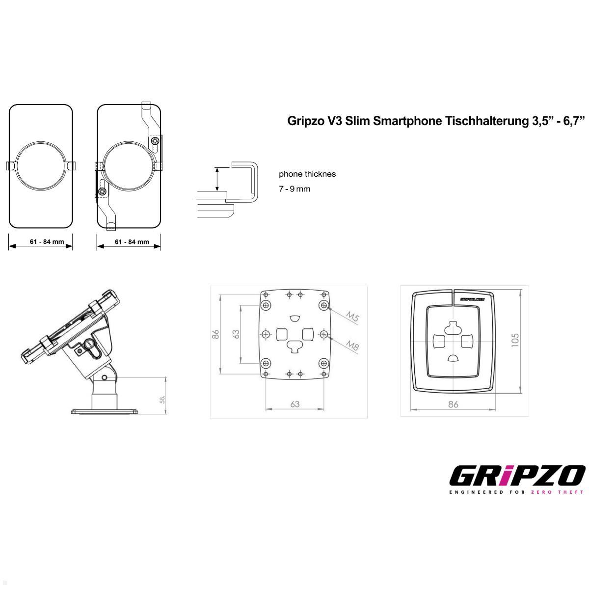 Gripzo V3 Slim Smartphone Tischhalterung 3,5  bis 6,7 Zoll, technische Details