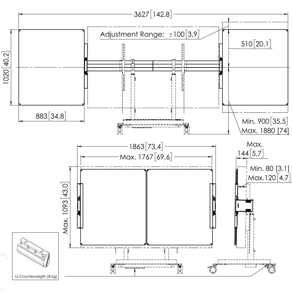 Vogels RISE A227 Zubehör Whiteboard Set 75 Zoll für TV Ständer / Trolley, technische Zeichnung