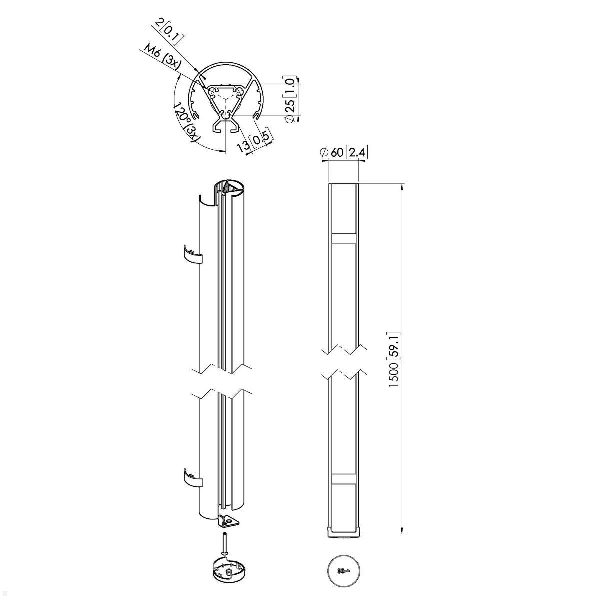 Vogels Connect-It PUC 2415 - 150 cm Säule für Deckenhalterung, silber, Zeichnung Maße