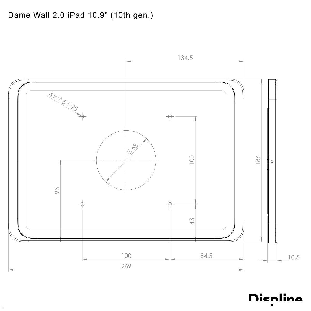 Displine Dame Wall 2.0 Wandhalter Apple iPad 10.9 (10. Gen.) mit USB-C, Titanium eloxiert technische Zeichnung