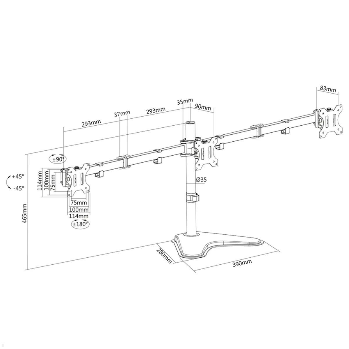 Neomounts FPMA-D550DD3BLACK 3-fach Monitor Tischhalterung 13-27 Zoll, technische Zeichnung